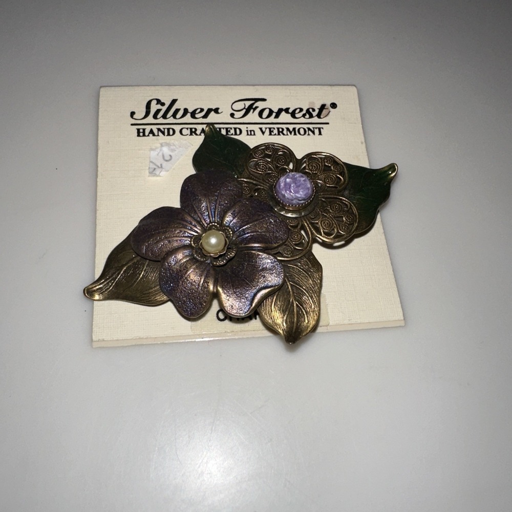 SILVER FOREST HANDCRAFTED IN USA ART NOUVEAU STYLE BROOCH SEMI‎ PRECIOUS STONES